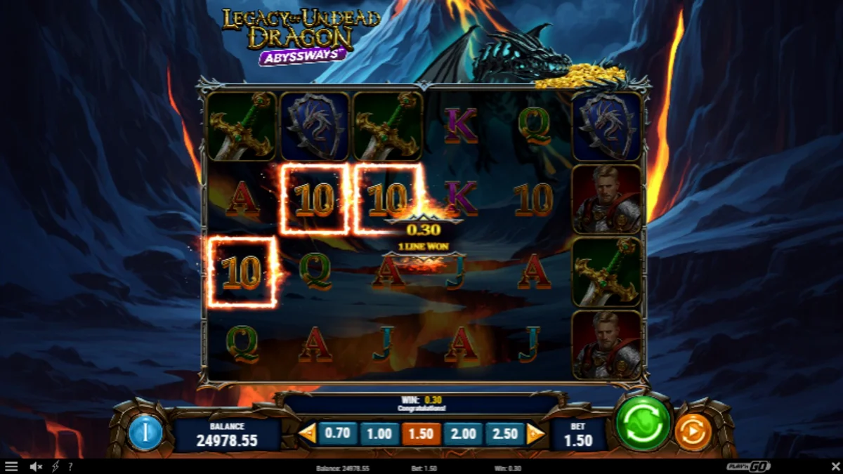 Visual dramatis dari slot Legacy of Undead Dragon Abyssways dengan naga dan harta karun