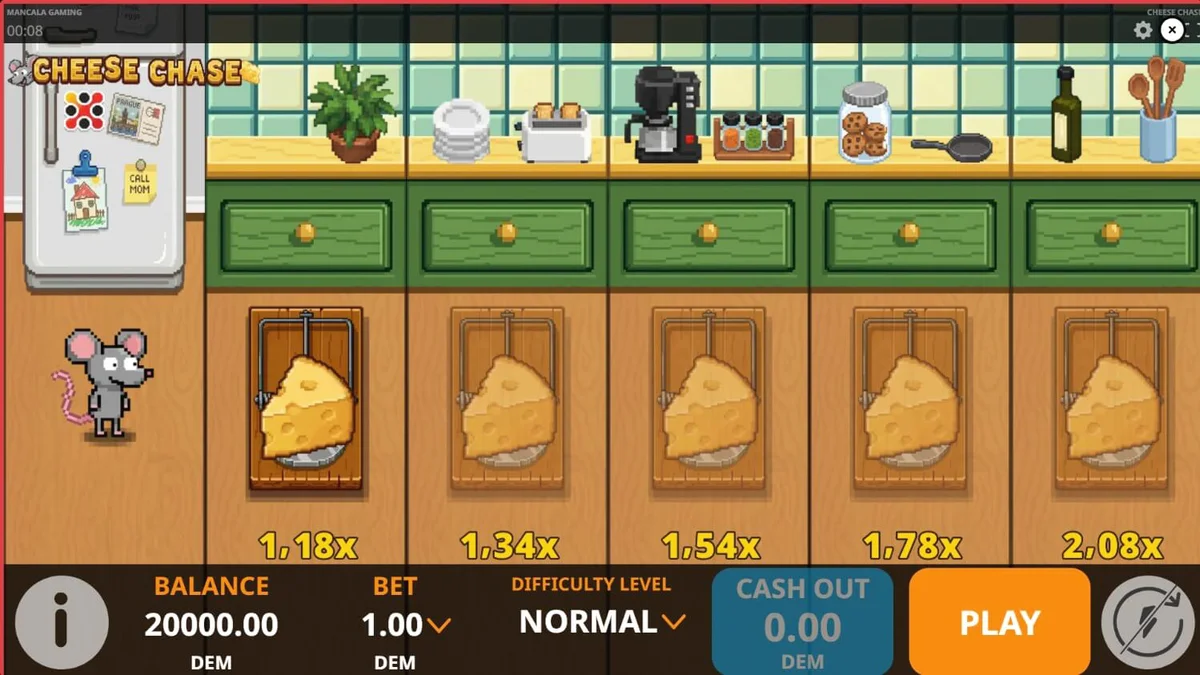 Tampilan visual retro 8-bit dari permainan slot Cheese Chase yang menampilkan tikus di dapur.