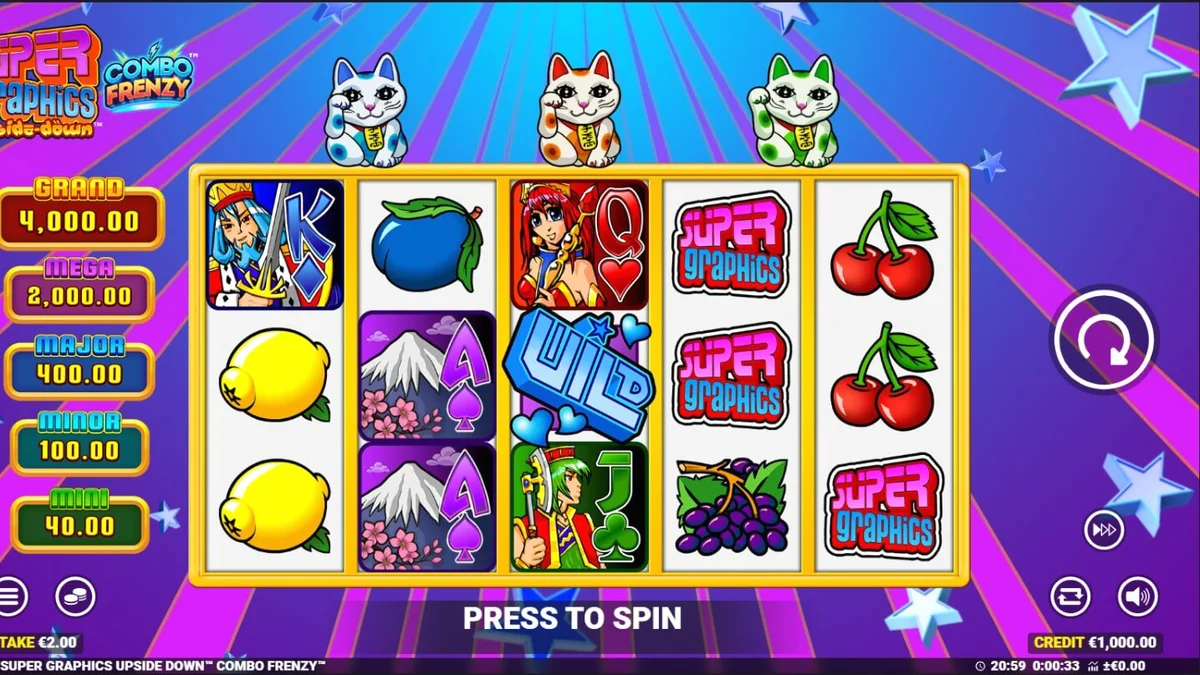 Tampilan visual slot Super Graphics Upside Down dengan tema anime dan Lucky Cats